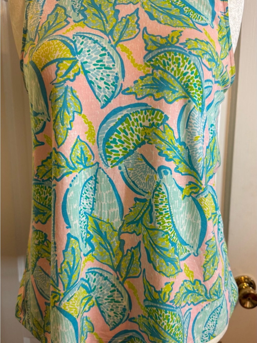 Lilly Pulitzer Pink green lemon grove Print Sleeveless Blouse medium crisscross